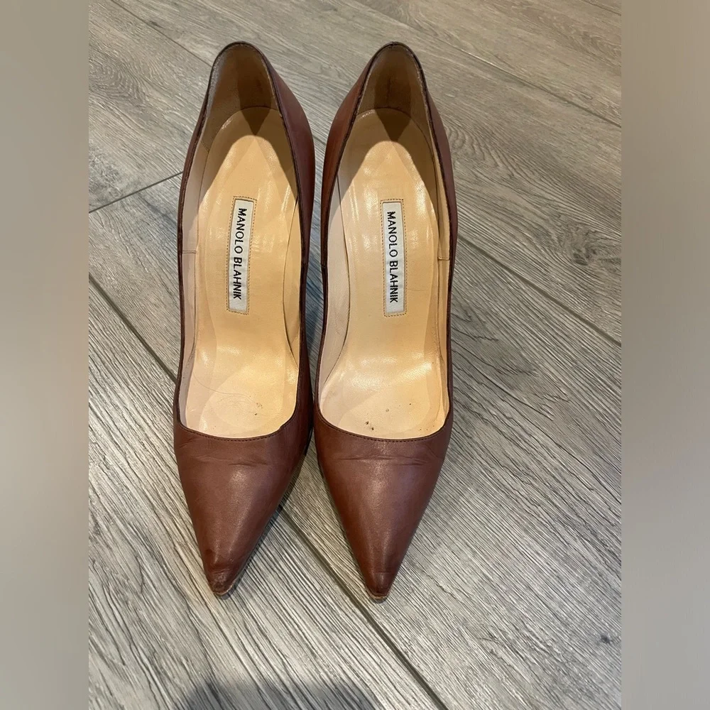 Manolo Blahnik Chocolate Brown Pointed-Toe Leather Pumps - Picture 1 of 12
